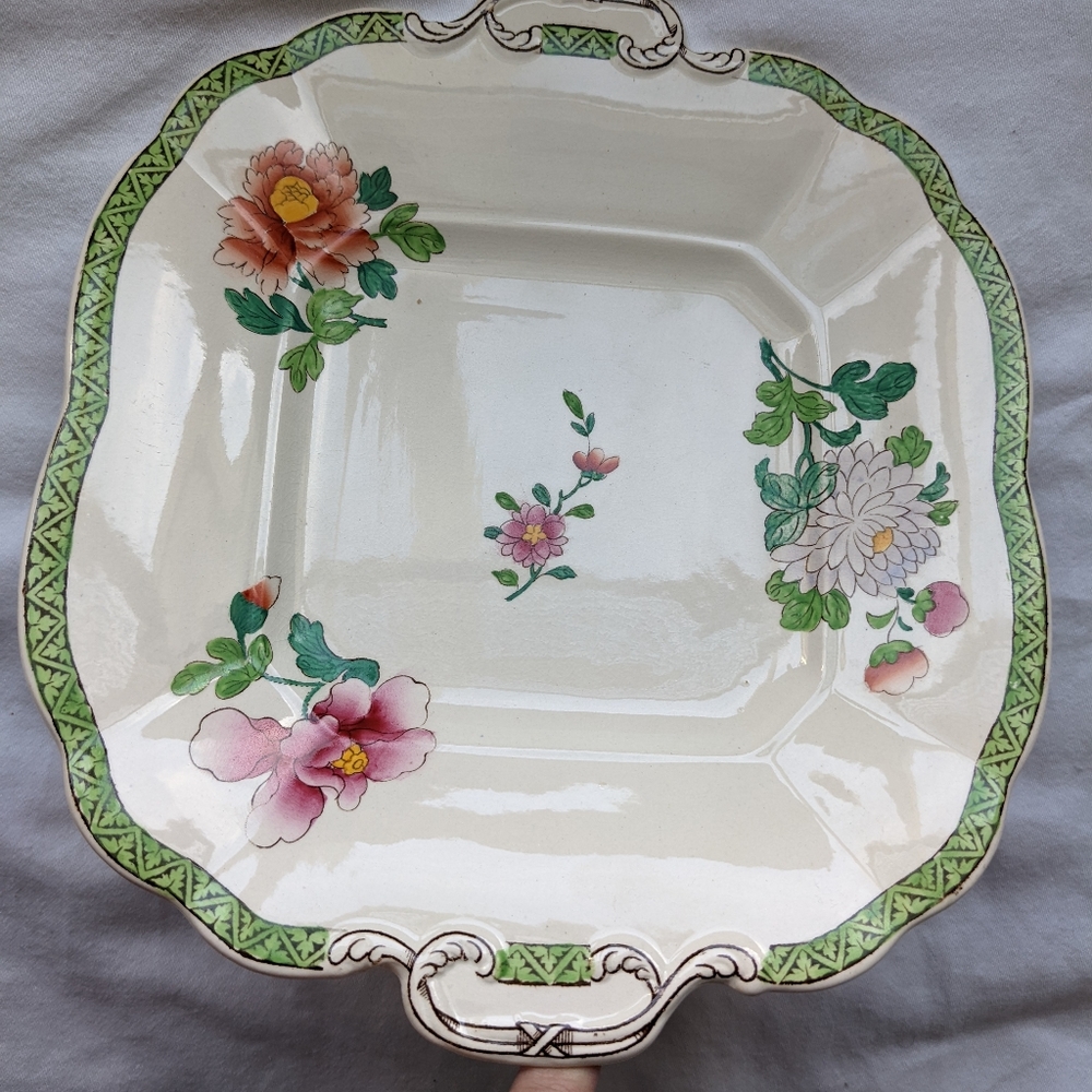 Antique Wedgwood Eastern Flowers Green Trim Square Cake Plate Dish - Picture 2 of 9